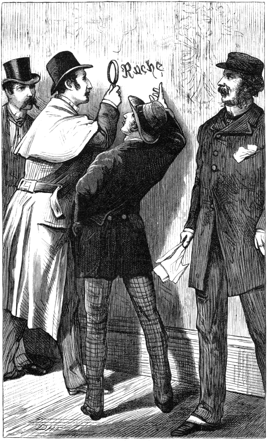 Illustration of Sherlock Holmes examining the word “Rache” on the wall with a magnifying glass.