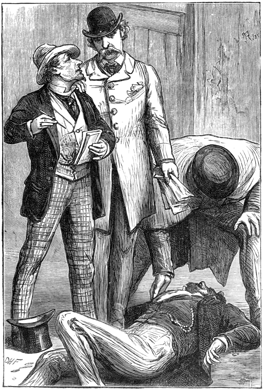 Illustration of Sherlock Holmes leaning over and examining a dead body.