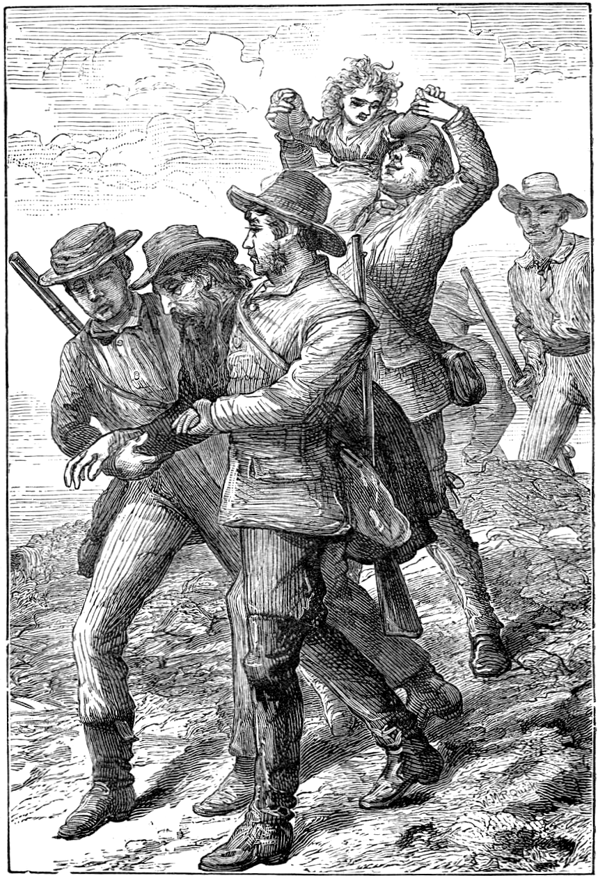 Illustration of two men helping a thin man with a long beard, while a third man lifts a small child onto his shoulder.