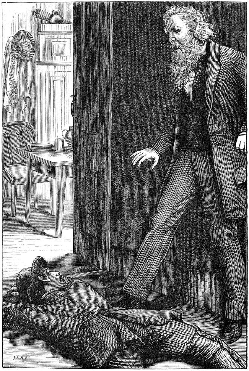 Illustration of John Ferrier surprised by a man lying flat upon on the ground.